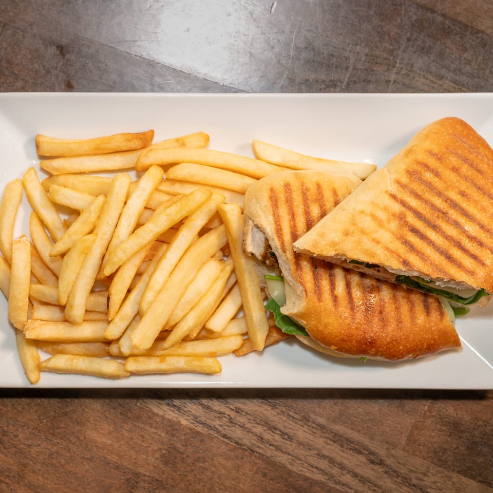 Grilled panini sandwich with chicken, cheese, and spinach, served with a side of golden french fries.