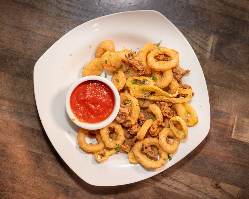 Crispy fried calamari rings and tentacles with a side of red marinara sauce on a white plate.